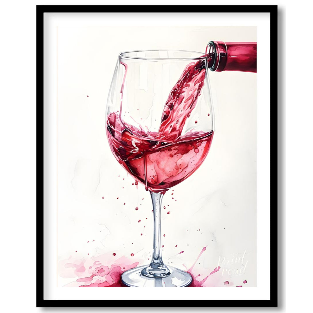 A captivating watercolor painting capturing the dynamic moment of pouring red wine into a crystal g… for place