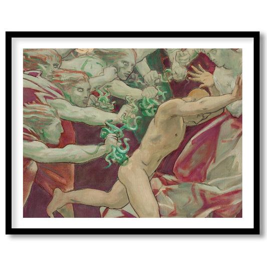 This evocative artwork captures the intensity of a dramatic chase, blending elements of mythology for decor