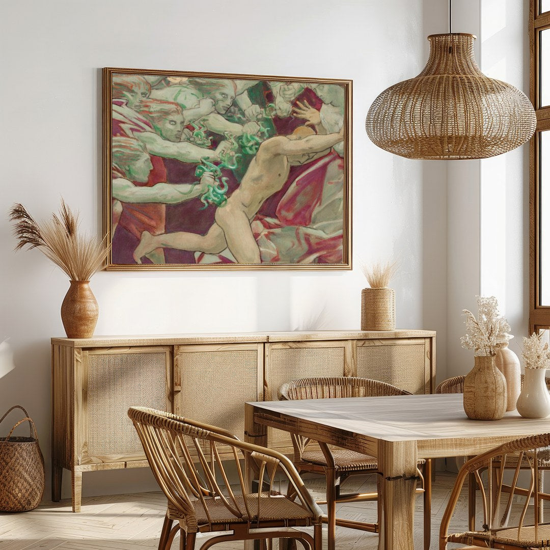 This evocative artwork captures the intensity of a dramatic chase, blending elements of mythology for Dining