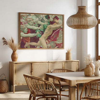 This evocative artwork captures the intensity of a dramatic chase, blending elements of mythology for Dining