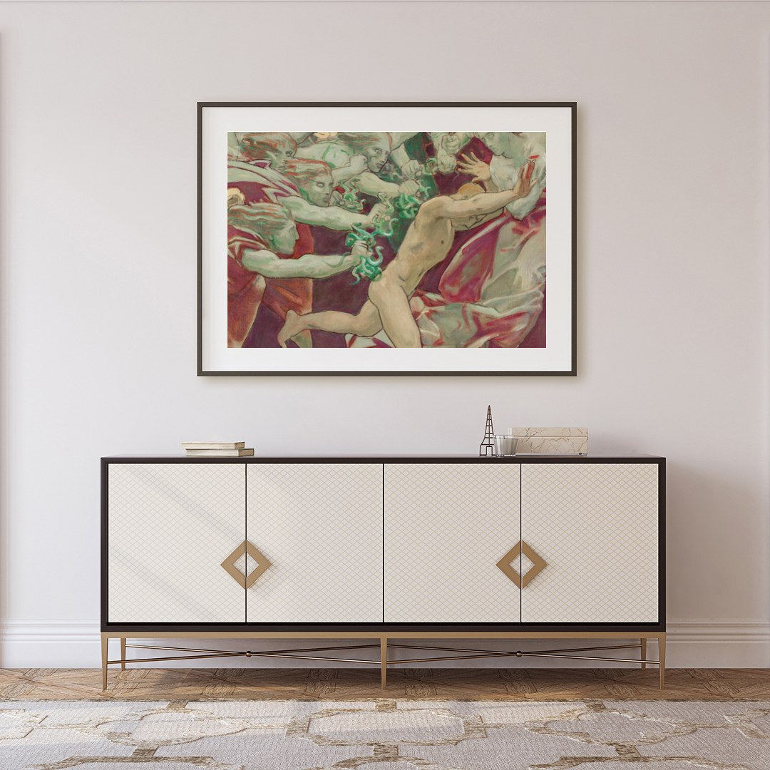 This evocative artwork captures the intensity of a dramatic chase, blending elements of mythology for Foyer