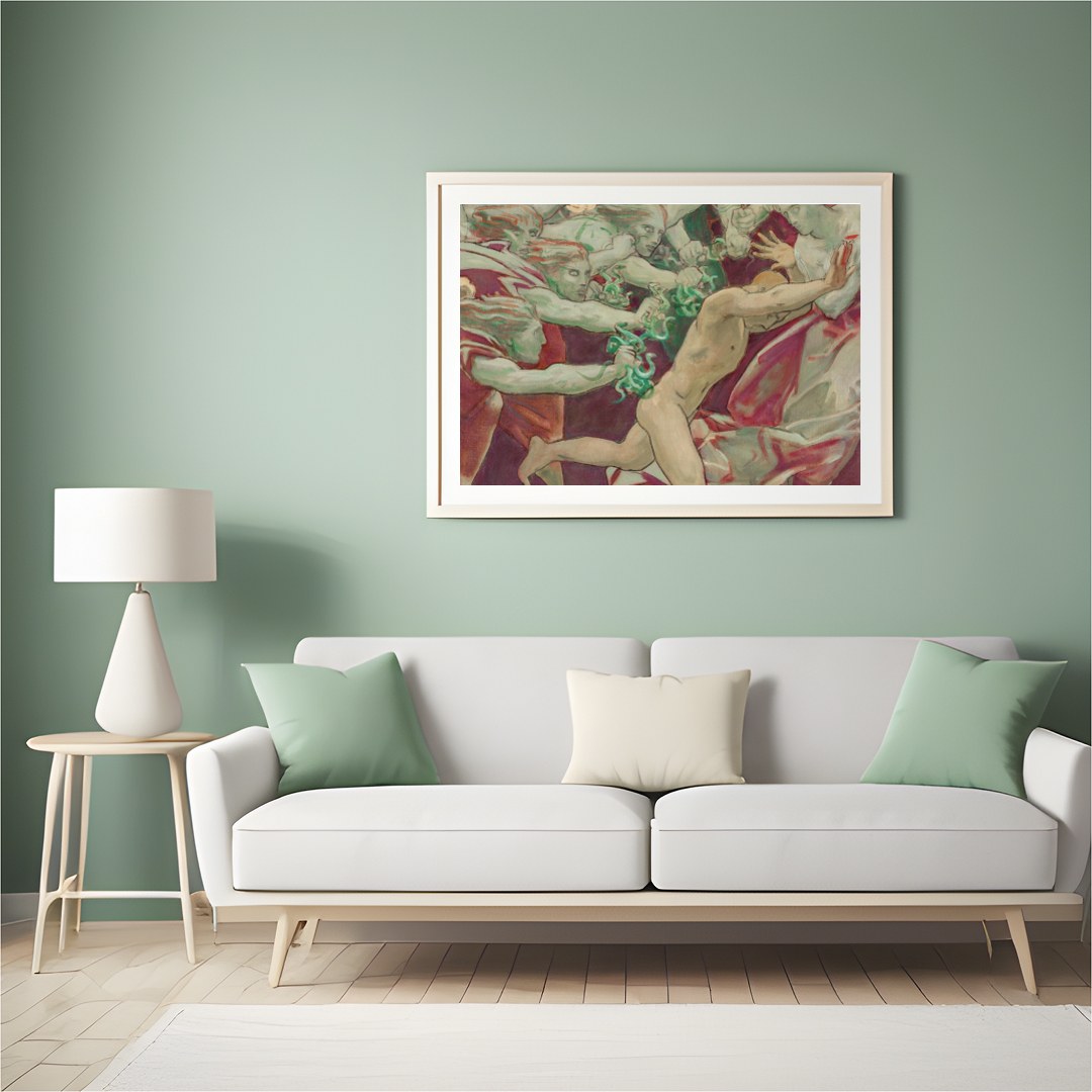 This evocative artwork captures the intensity of a dramatic chase, blending elements of mythology for Hall