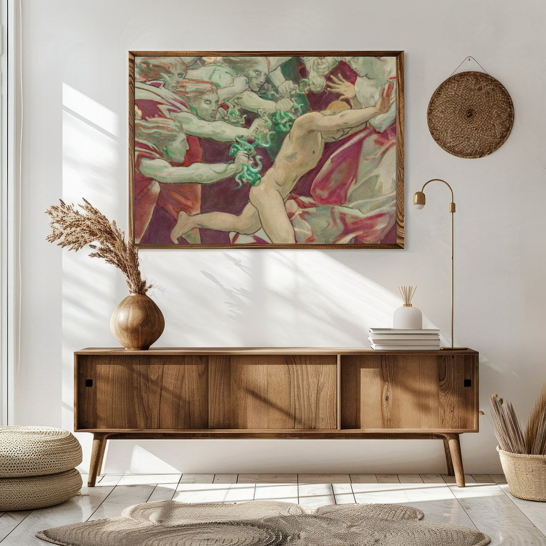 This evocative artwork captures the intensity of a dramatic chase, blending elements of mythology for Sitting Area