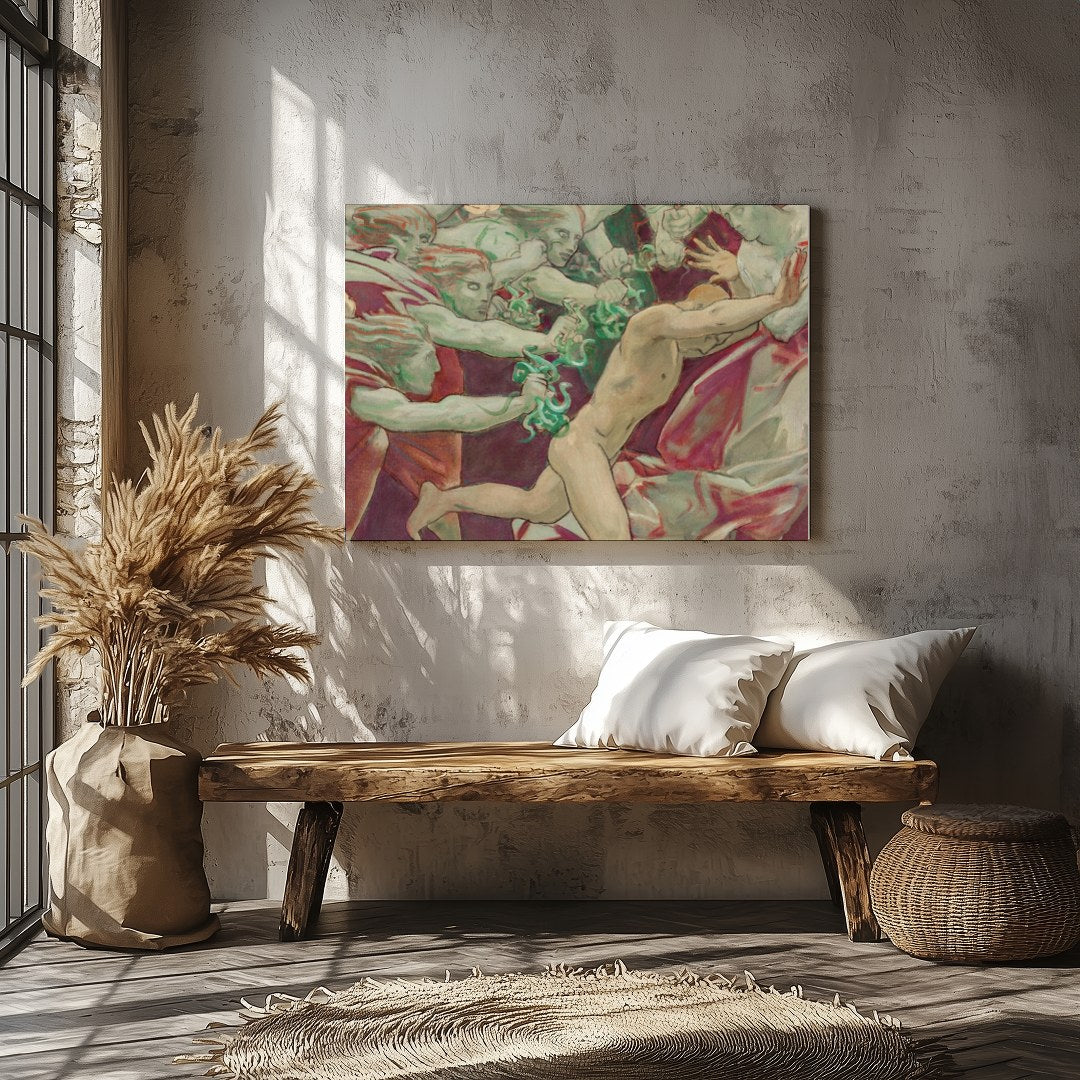 This evocative artwork captures the intensity of a dramatic chase, blending elements of mythology for Veranda