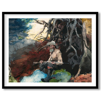 Immerse yourself in the tranquility of nature with this captivating artwork featuring a lone hunter for area