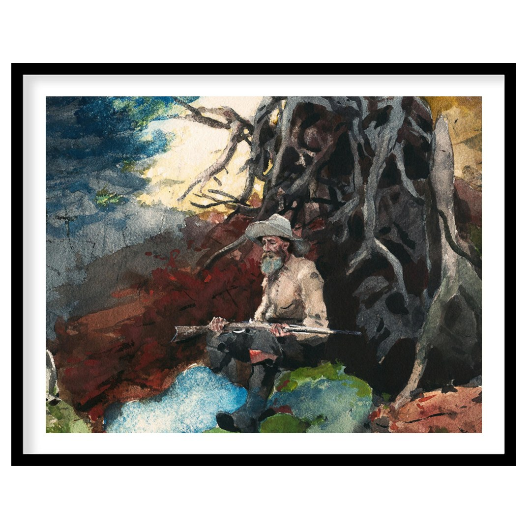 Immerse yourself in the tranquility of nature with this captivating artwork featuring a lone hunter for area