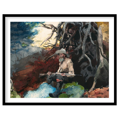 Immerse yourself in the tranquility of nature with this captivating artwork featuring a lone hunter for area