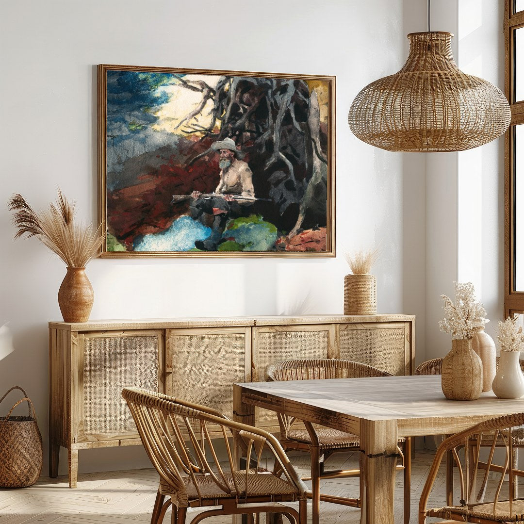 Immerse yourself in the tranquility of nature with this captivating artwork featuring a lone hunter for Dining