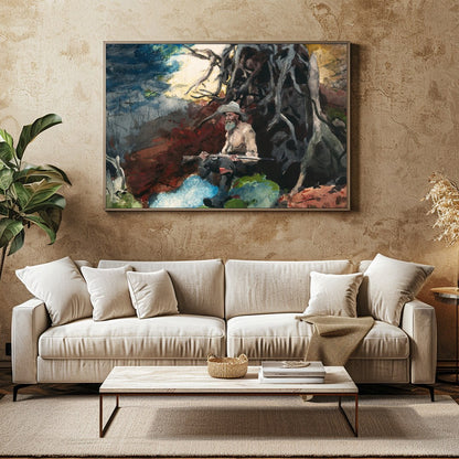 Immerse yourself in the tranquility of nature with this captivating artwork featuring a lone hunter for Family Room