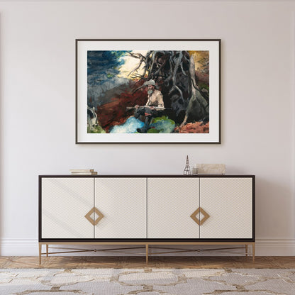Immerse yourself in the tranquility of nature with this captivating artwork featuring a lone hunter for Foyer