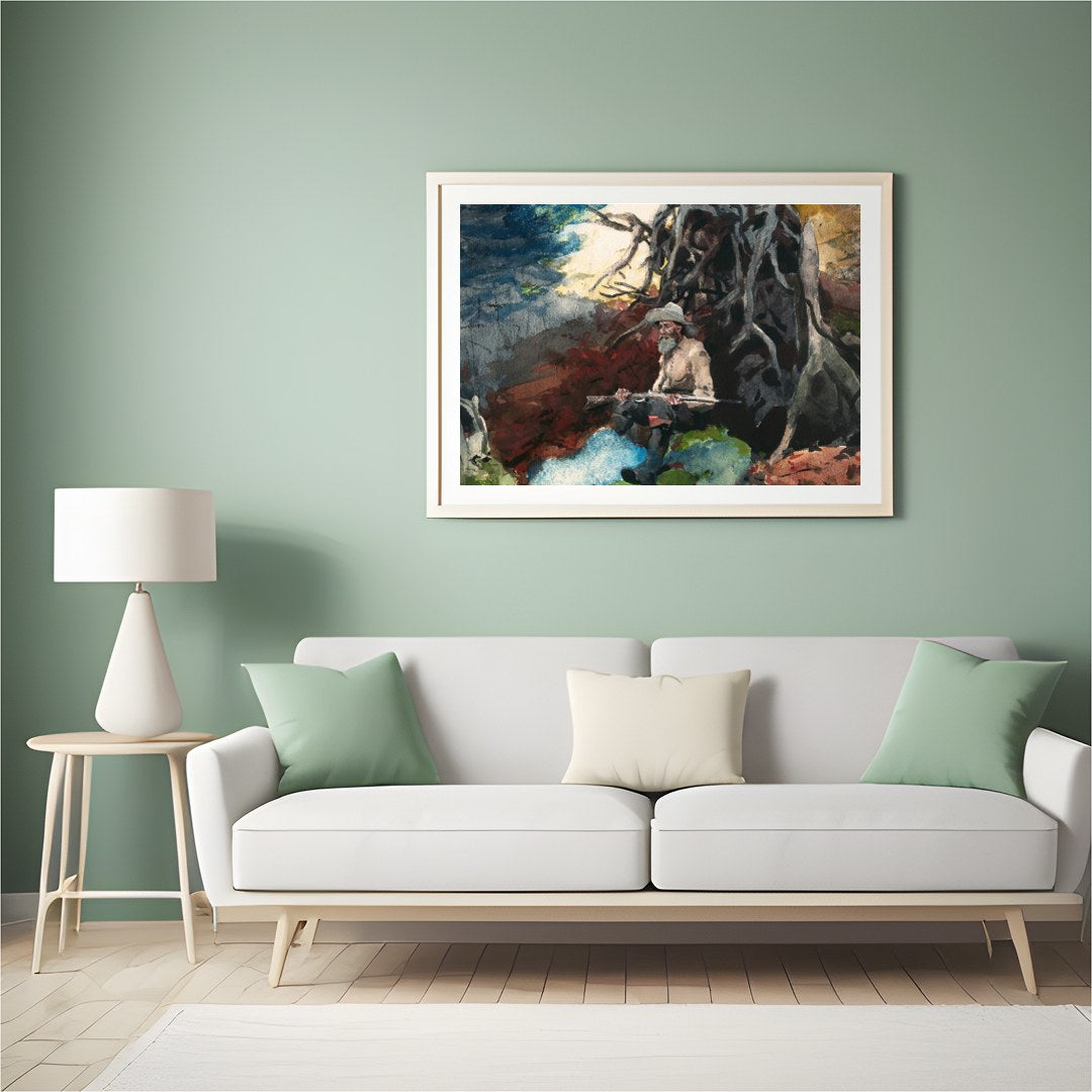 Immerse yourself in the tranquility of nature with this captivating artwork featuring a lone hunter for Hall