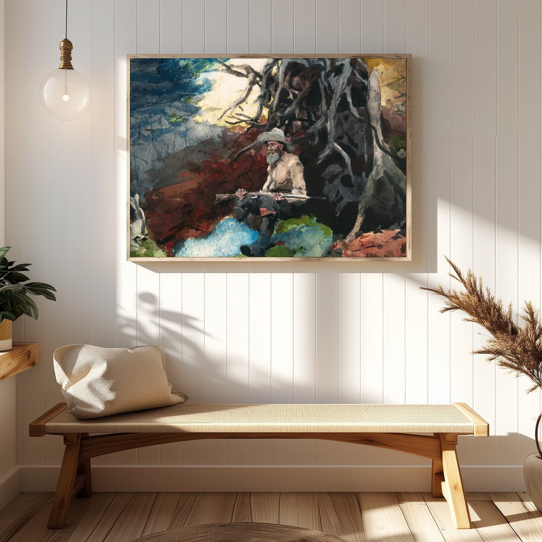 Immerse yourself in the tranquility of nature with this captivating artwork featuring a lone hunter for Hallway