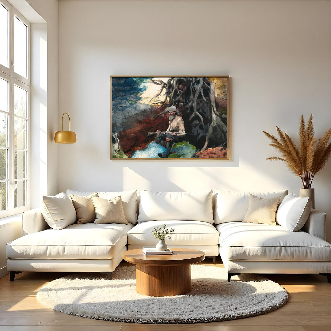 Immerse yourself in the tranquility of nature with this captivating artwork featuring a lone hunter for Living Room
