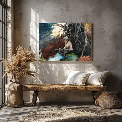 Immerse yourself in the tranquility of nature with this captivating artwork featuring a lone hunter for Veranda