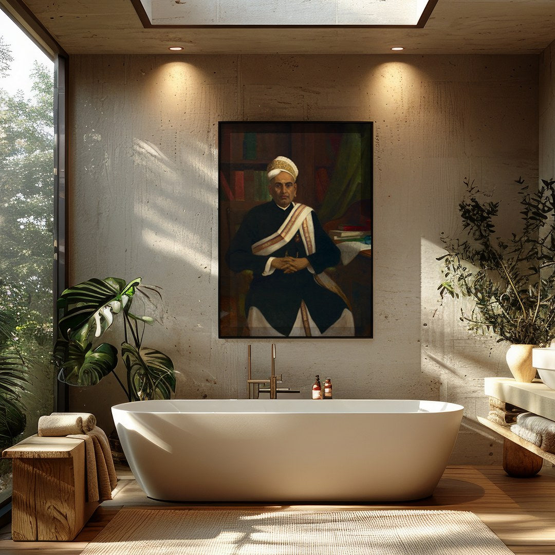 This classic portrait showcases a distinguished figure seated in an elegant study. The attention to for Bathroom
