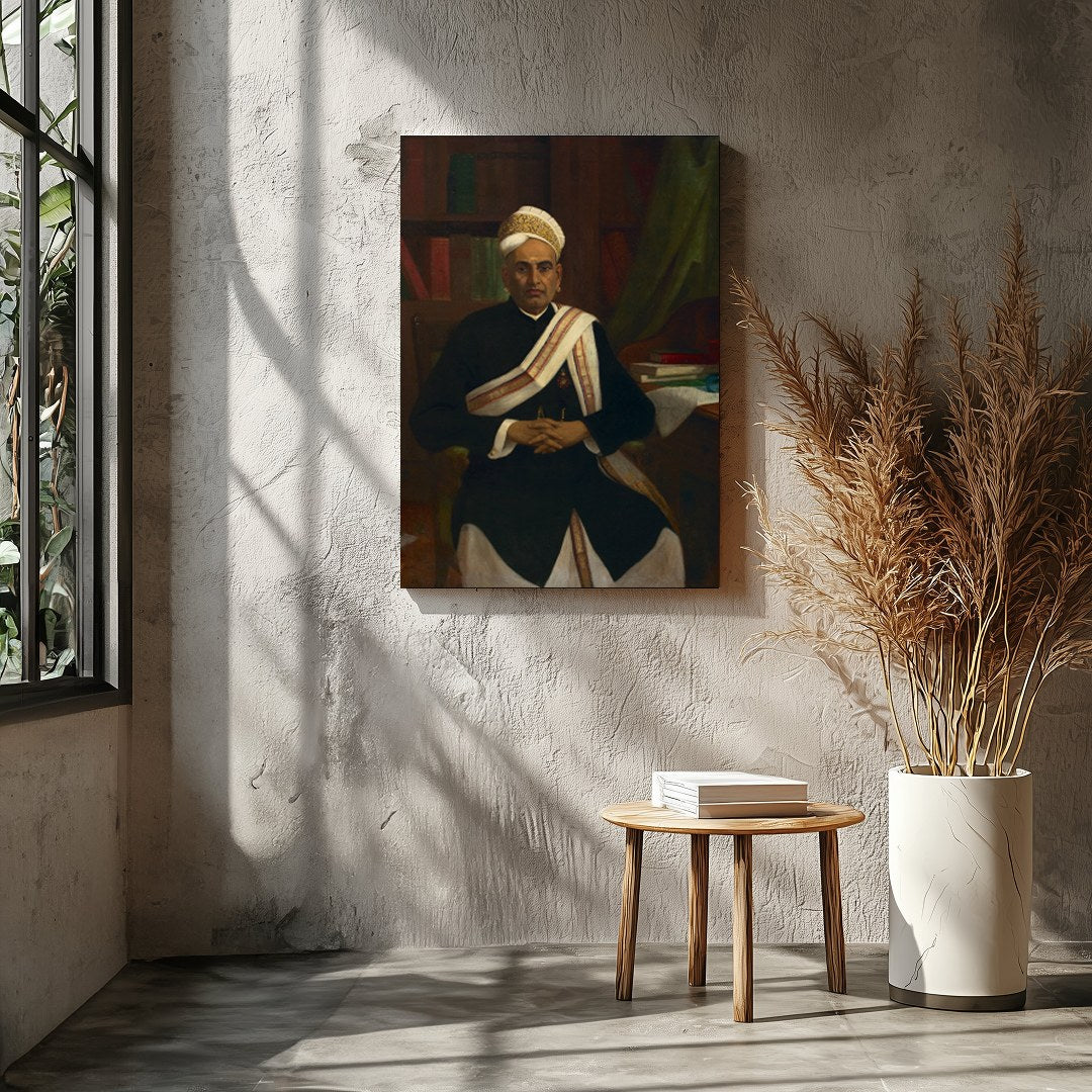 This classic portrait showcases a distinguished figure seated in an elegant study. The attention to for Entrance