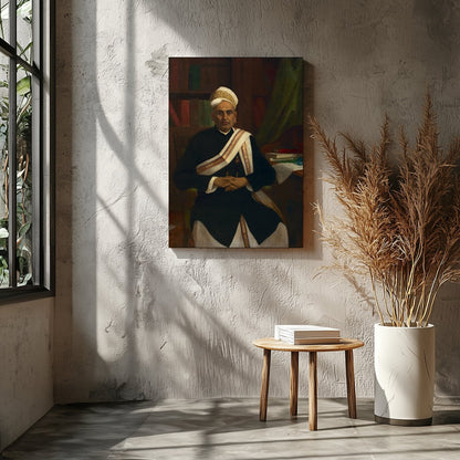 This classic portrait showcases a distinguished figure seated in an elegant study. The attention to for Entrance
