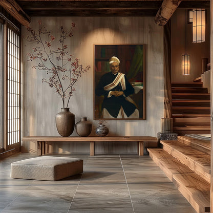 This classic portrait showcases a distinguished figure seated in an elegant study. The attention to for Hall