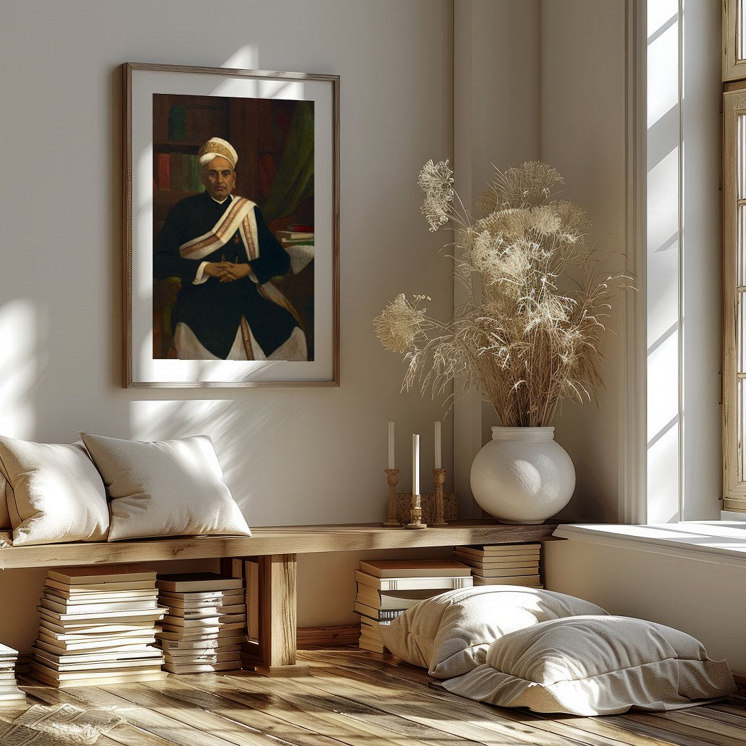 This classic portrait showcases a distinguished figure seated in an elegant study. The attention to for hallway