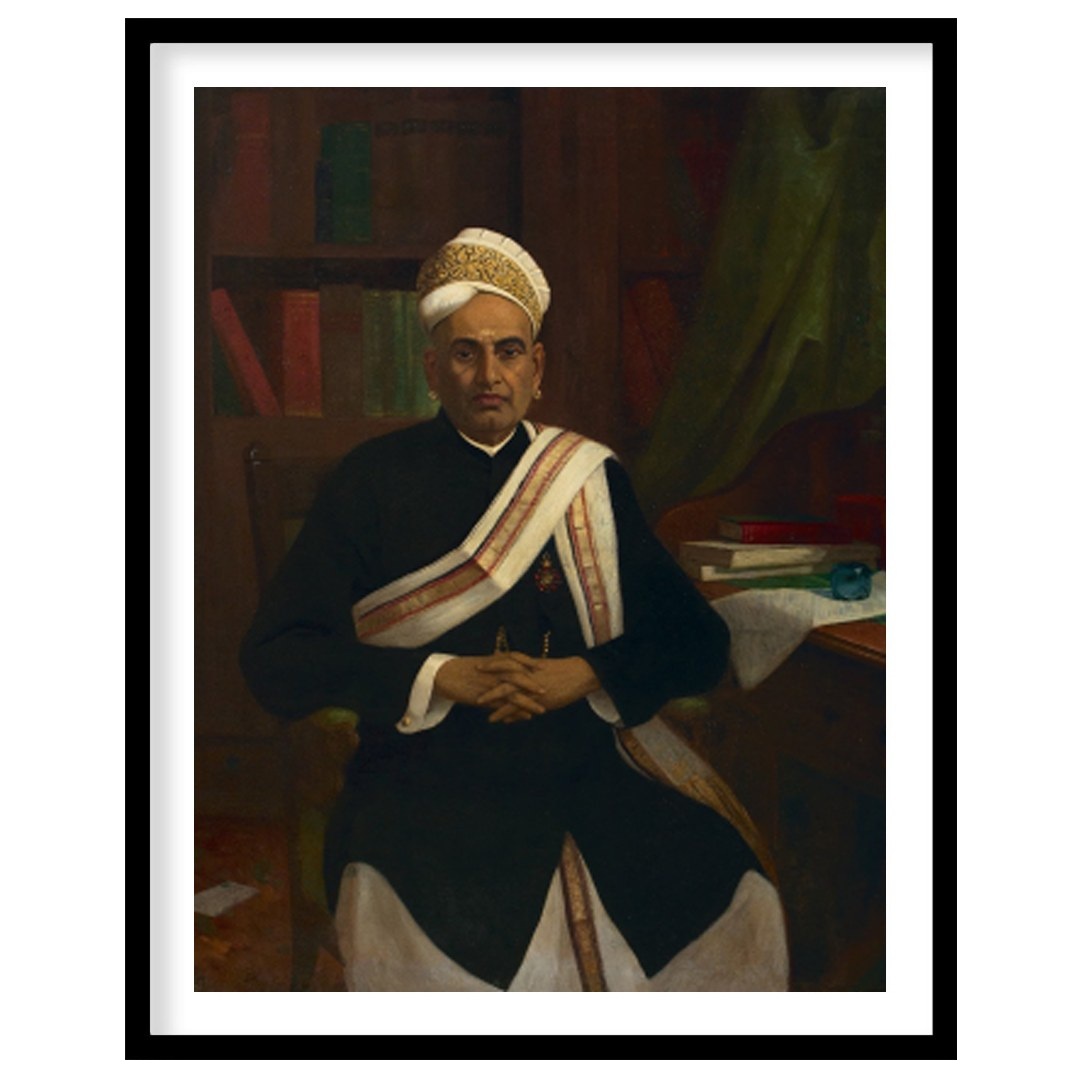 This classic portrait showcases a distinguished figure seated in an elegant study. The attention to for living-space