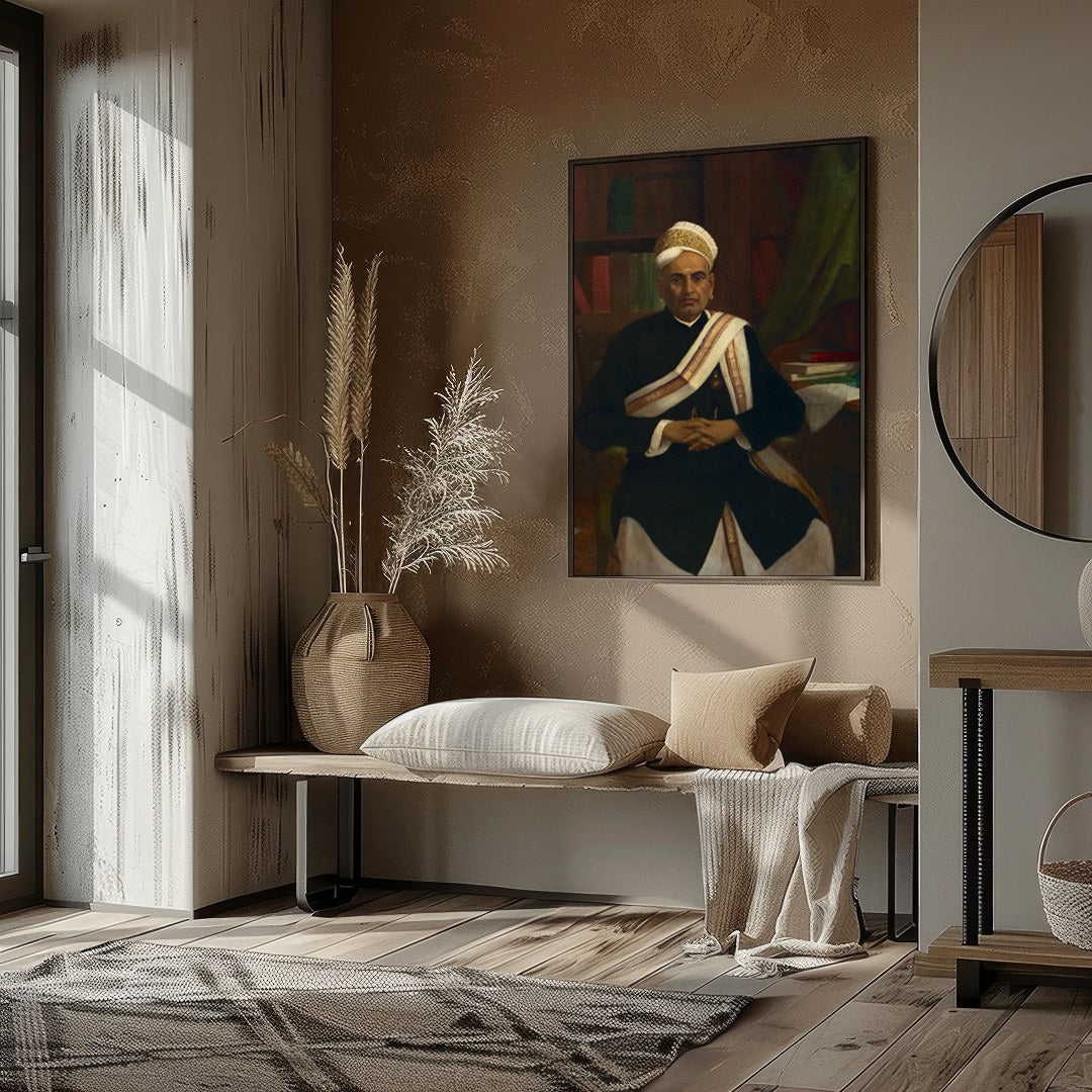 This classic portrait showcases a distinguished figure seated in an elegant study. The attention to for nook