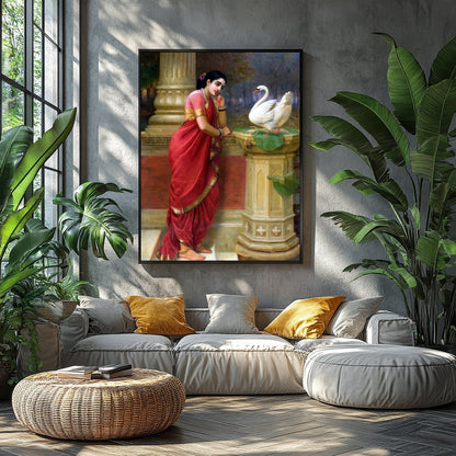 This enchanting piece captures a tranquil moment as a woman in a resplendent red sari engages with for Balcony