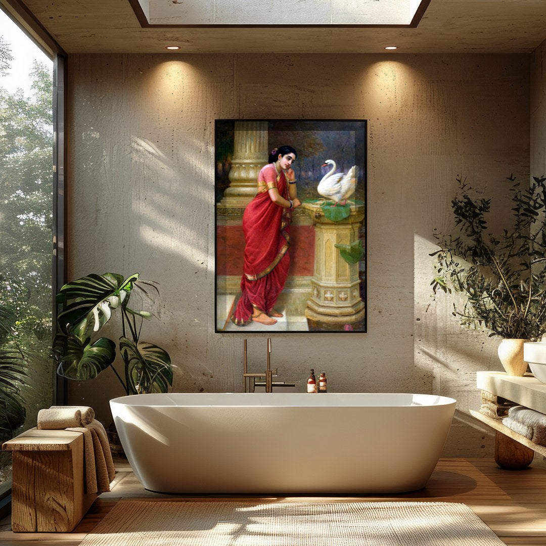 This enchanting piece captures a tranquil moment as a woman in a resplendent red sari engages with for Bathroom