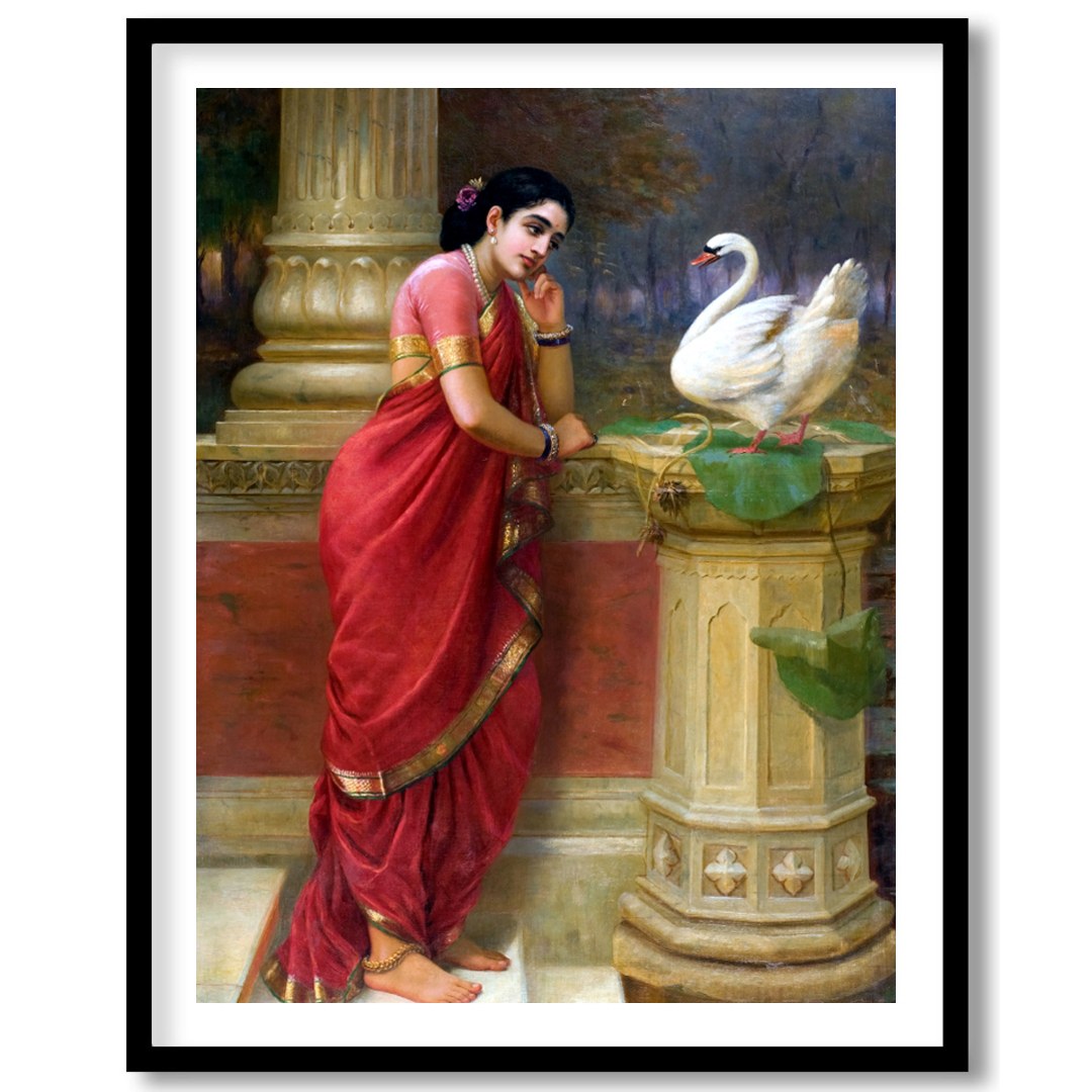 This enchanting piece captures a tranquil moment as a woman in a resplendent red sari engages with for decor