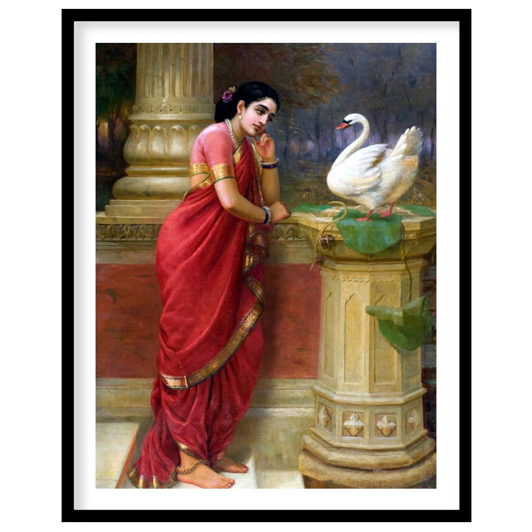 This enchanting piece captures a tranquil moment as a woman in a resplendent red sari engages with for decor