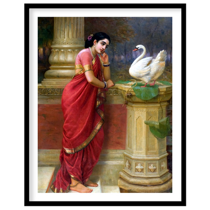 This enchanting piece captures a tranquil moment as a woman in a resplendent red sari engages with for decor