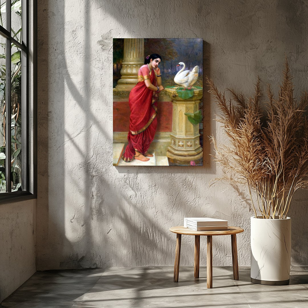 This enchanting piece captures a tranquil moment as a woman in a resplendent red sari engages with for Entrance
