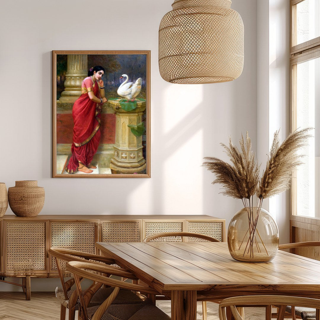 This enchanting piece captures a tranquil moment as a woman in a resplendent red sari engages with for Extra Kitchen