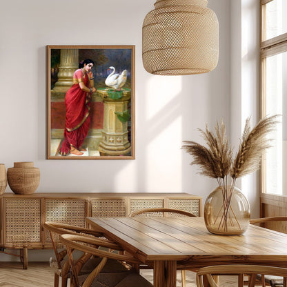 This enchanting piece captures a tranquil moment as a woman in a resplendent red sari engages with for Extra Kitchen