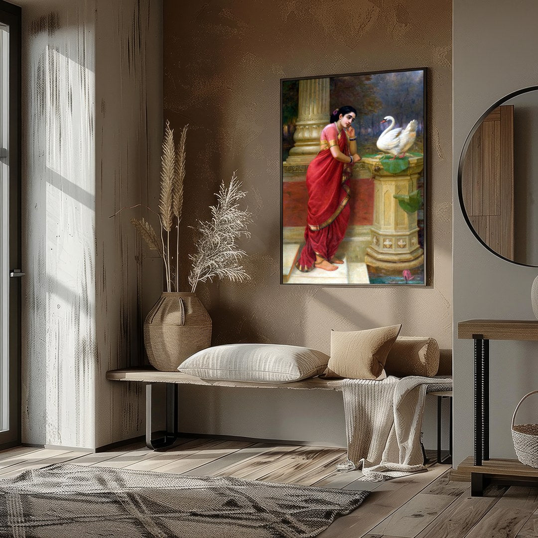 This enchanting piece captures a tranquil moment as a woman in a resplendent red sari engages with for gallery