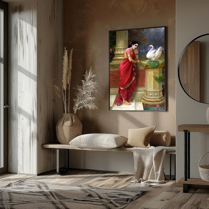 This enchanting piece captures a tranquil moment as a woman in a resplendent red sari engages with for gallery