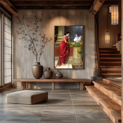 This enchanting piece captures a tranquil moment as a woman in a resplendent red sari engages with for Hall