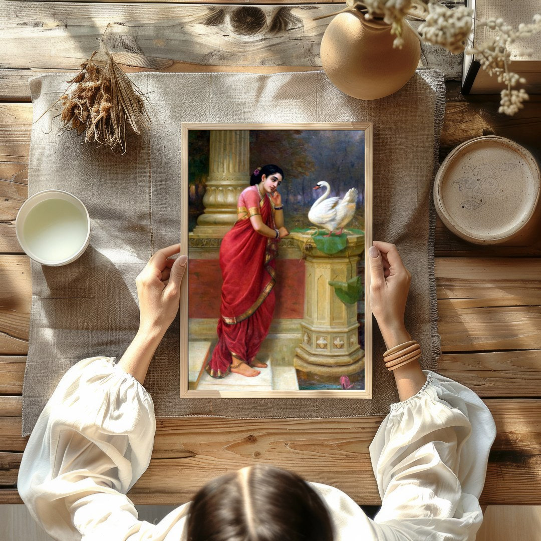 This enchanting piece captures a tranquil moment as a woman in a resplendent red sari engages with for Kitchen