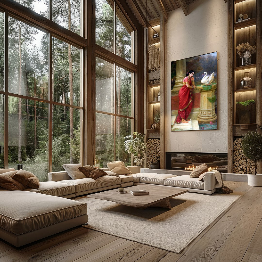 This enchanting piece captures a tranquil moment as a woman in a resplendent red sari engages with for Living Room