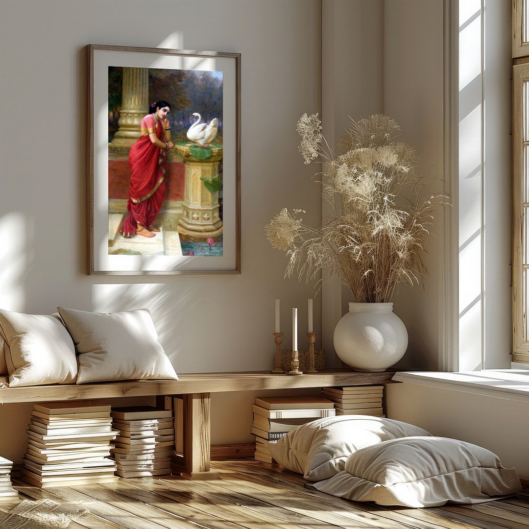 This enchanting piece captures a tranquil moment as a woman in a resplendent red sari engages with for office