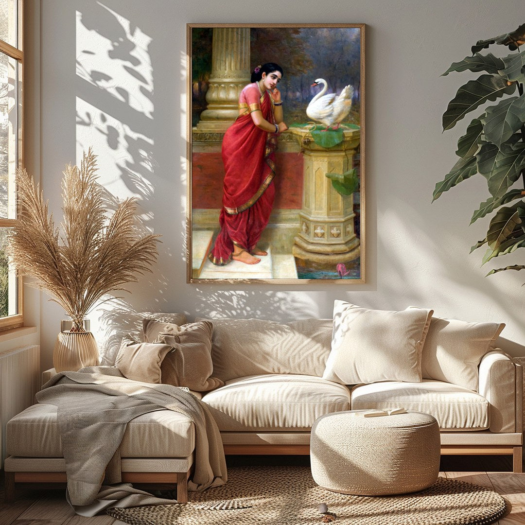This enchanting piece captures a tranquil moment as a woman in a resplendent red sari engages with for Sitting Area