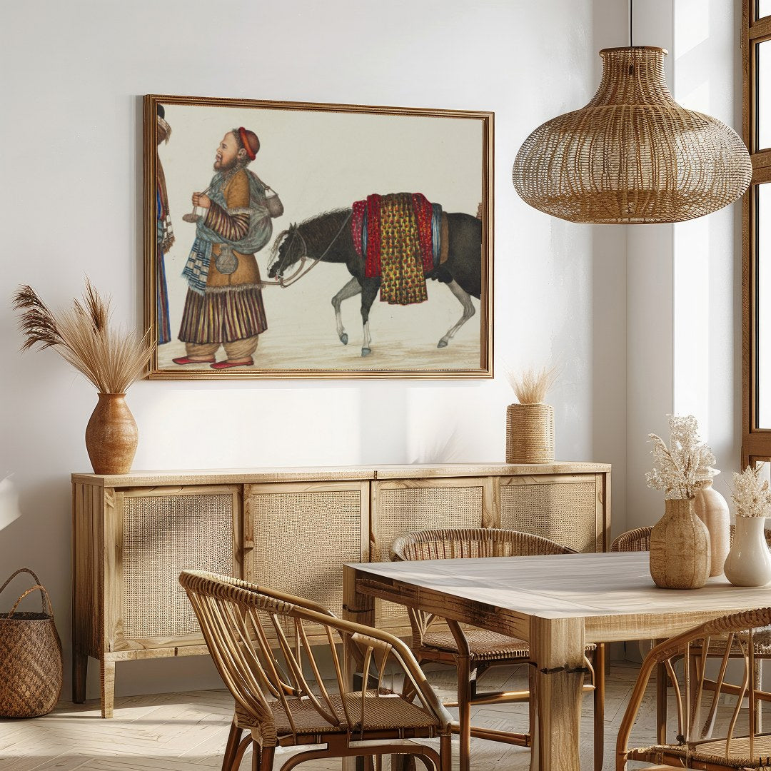 This captivating artwork captures a scene from the historic Silk Road, showcasing a caravan for Dining