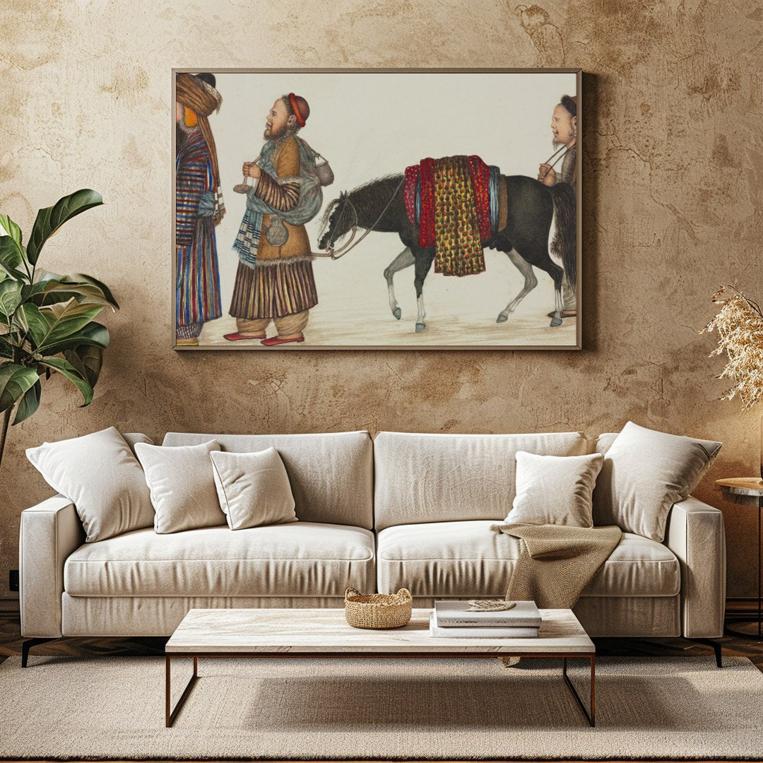 This captivating artwork captures a scene from the historic Silk Road, showcasing a caravan for Family Room