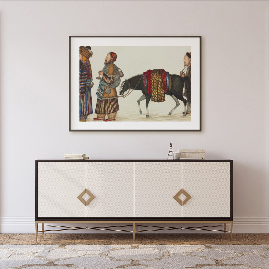 This captivating artwork captures a scene from the historic Silk Road, showcasing a caravan for Foyer