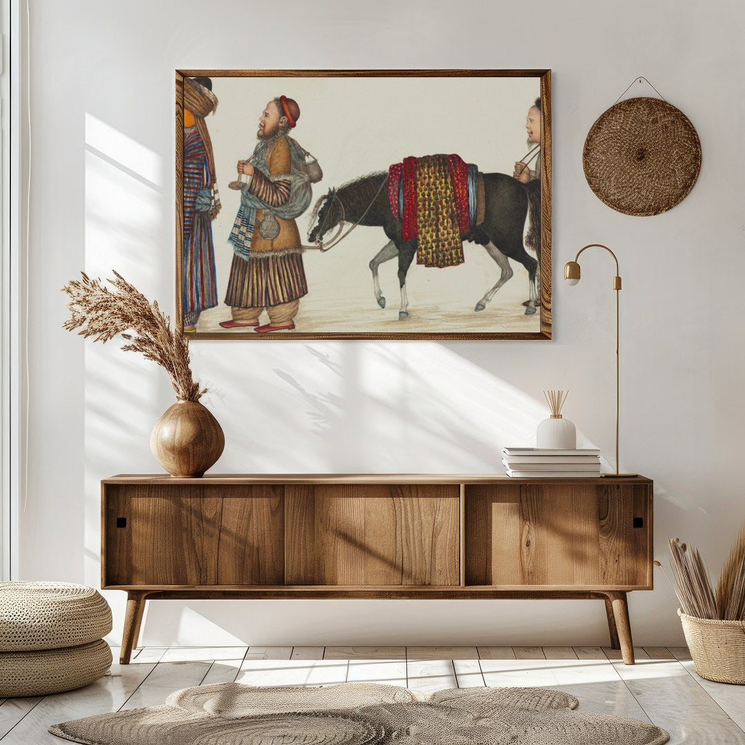 This captivating artwork captures a scene from the historic Silk Road, showcasing a caravan for Sitting Area