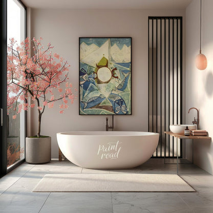 This striking vertical artwork, possibly by Pablo Picasso, depicts a whimsical and abstract interpr… for bathroom