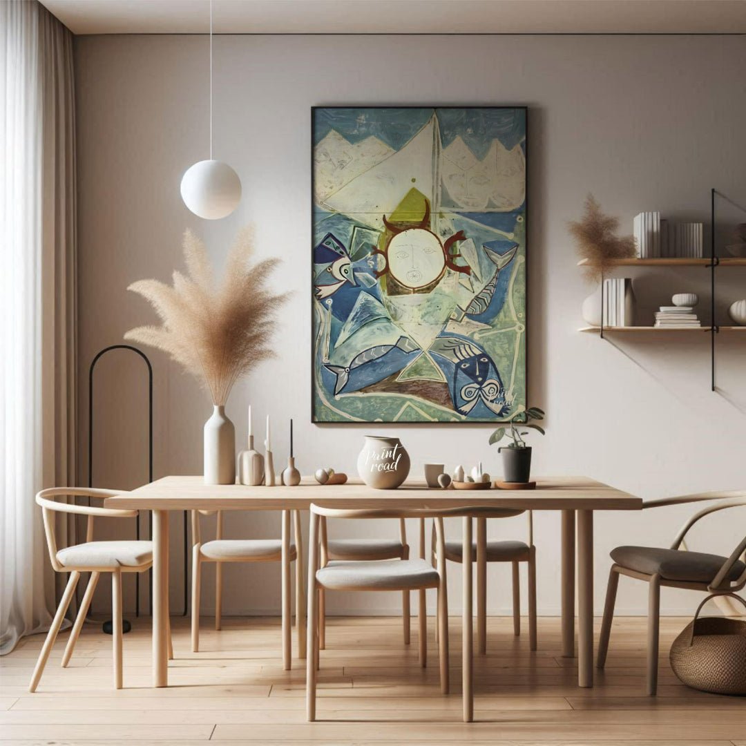 This striking vertical artwork, possibly by Pablo Picasso, depicts a whimsical and abstract interpr… for dining room