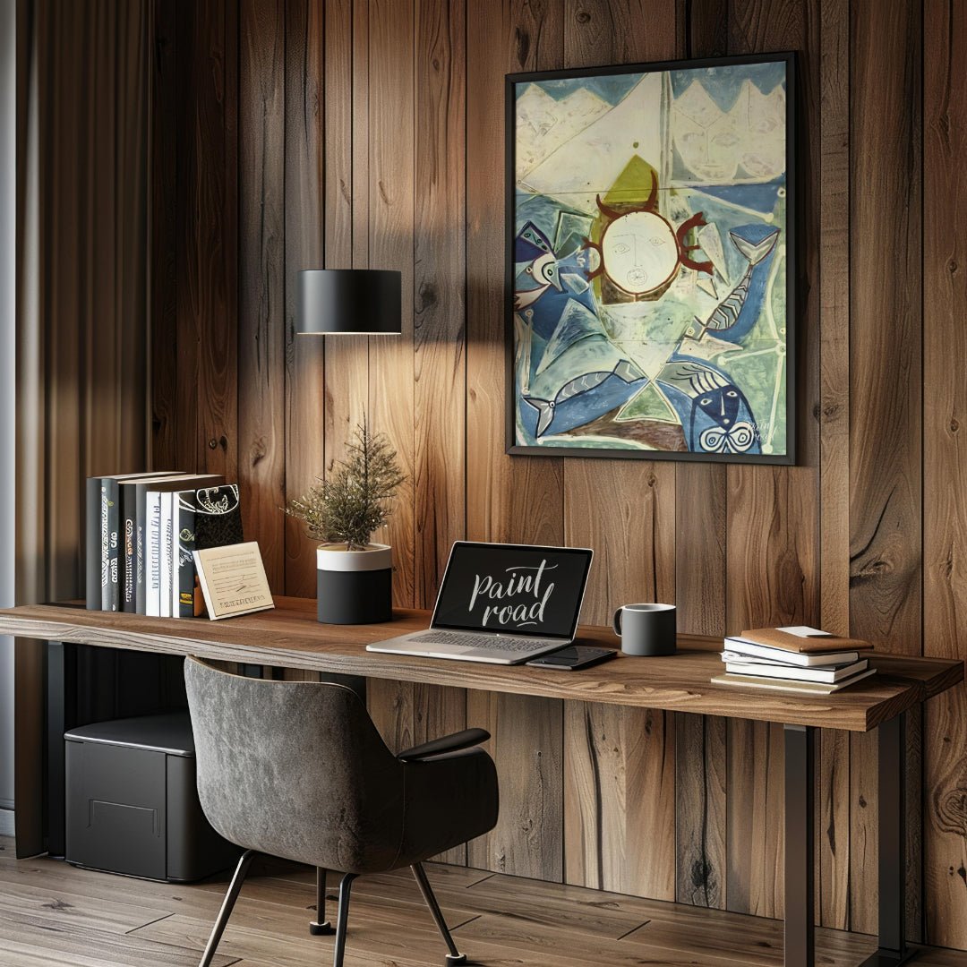 This striking vertical artwork, possibly by Pablo Picasso, depicts a whimsical and abstract interpr… for office