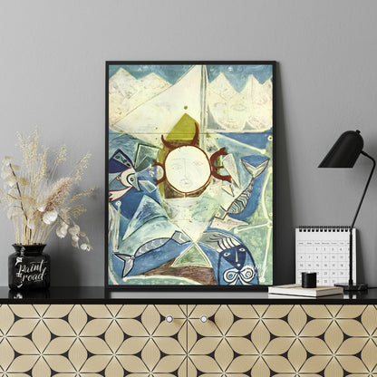 This striking vertical artwork, possibly by Pablo Picasso, depicts a whimsical and abstract interpr… for office