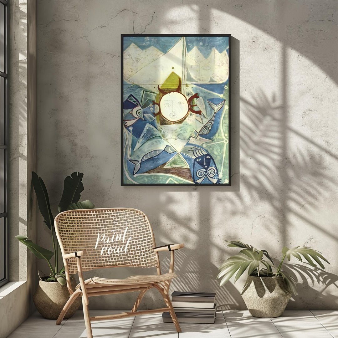 This striking vertical artwork, possibly by Pablo Picasso, depicts a whimsical and abstract interpr… for other