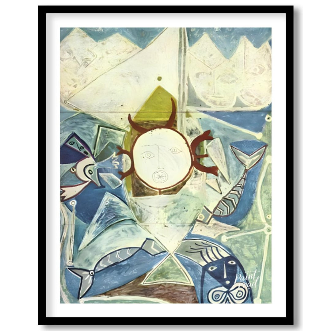 This striking vertical artwork, possibly by Pablo Picasso, depicts a whimsical and abstract interpr… for room